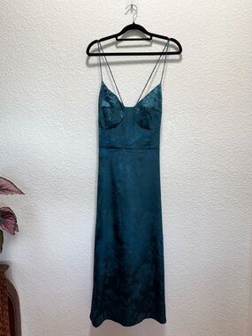 RIHOAS Teal Satin Slip Midi Dress with Spaghetti Straps